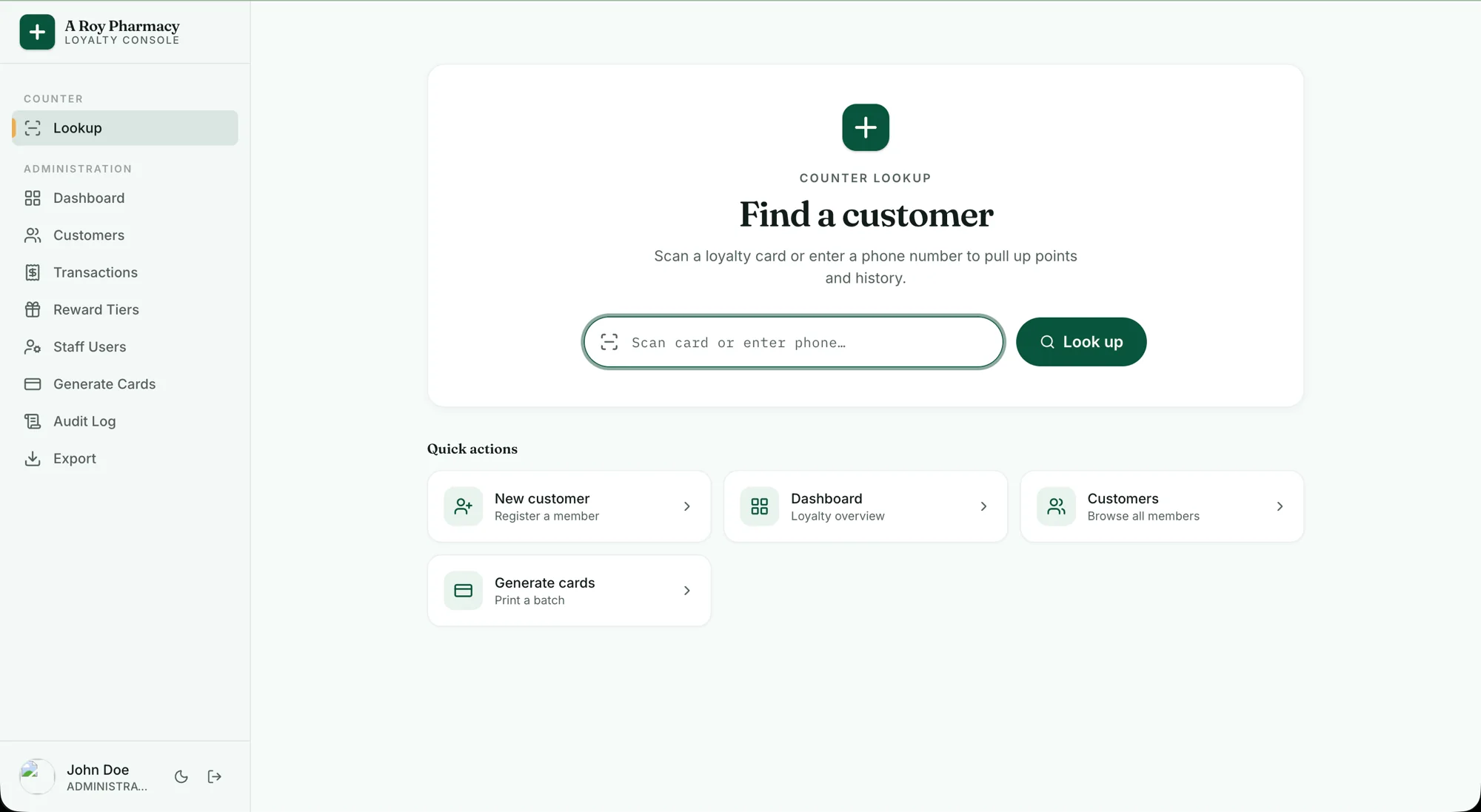 A Roy Pharmacy — Loyalty Console — Counter lookup